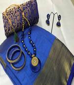 Blue Plain Tussar Silk Blend Saree With Blouse