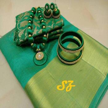 Green Plain Tussar Silk Blend Saree With Blouse 1