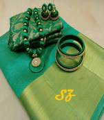 Green Plain Tussar Silk Blend Saree With Blouse
