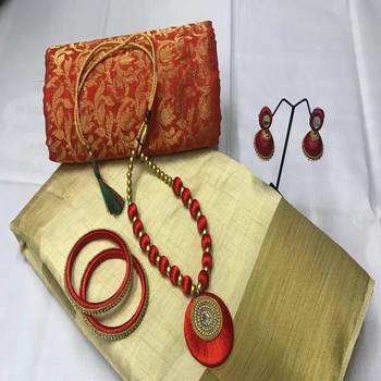 Cream Plain Tussar Silk Blend Saree With Blouse 1