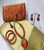 Cream Plain Tussar Silk Blend Saree With Blouse