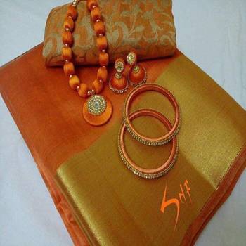 Orange Plain Tussar Silk Blend Saree With Blouse 1