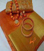 Orange Plain Tussar Silk Blend Saree With Blouse