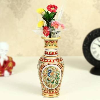 Marble flower pot with intricate peacock painting by Handicrafts Paradise 1