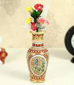 Marble flower pot with intricate peacock painting by Handicrafts Paradise