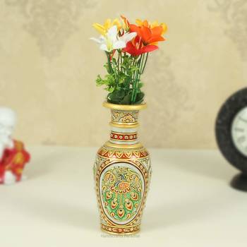 Flower Vase carved in Marble  with beautiful peacock pattern and red enmel painting  by Handicrafts Paradise 1