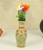 Flower Vase carved in Marble  with beautiful peacock pattern and red enmel painting  by Handicrafts Paradise