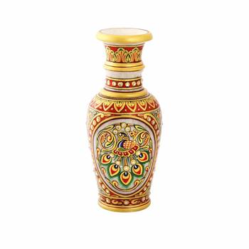 Flower Vase carved in Marble  with beautiful peacock pattern and red enmel painting  by Handicrafts Paradise 2