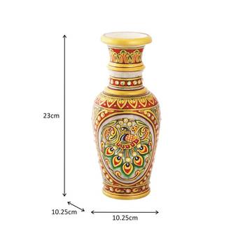Flower Vase carved in Marble  with beautiful peacock pattern and red enmel painting  by Handicrafts Paradise 3
