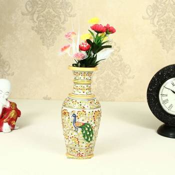 Flower Vase carved in Marble with beautiful peacock with lng feathers by Handicrafts Paradise 1