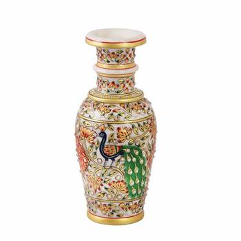 Flower Vase carved in Marble with beautiful peacock with lng feathers by Handicrafts Paradise 2