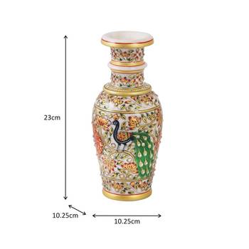 Flower Vase carved in Marble with beautiful peacock with lng feathers by Handicrafts Paradise 3