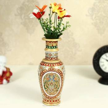 Flower Vase carved in Marble with Hand Painted Peacock by Handicrafts Paradise 1