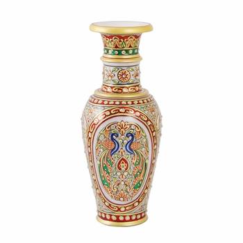 Flower Vase carved in Marble with Hand Painted Peacock by Handicrafts Paradise 2