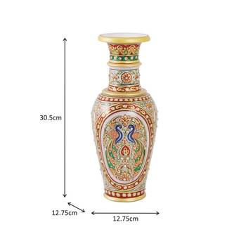 Flower Vase carved in Marble with Hand Painted Peacock by Handicrafts Paradise 3