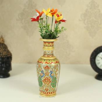 Flower Vase carved in Marble with Double Peacock design by Handicrafts Paradise 1