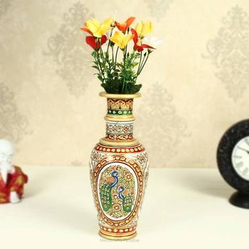 Flower Vase carved in Marble with Peacocks Painted by Handicrafts Paradise 1