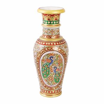 Flower Vase carved in Marble with Peacocks Painted by Handicrafts Paradise 2