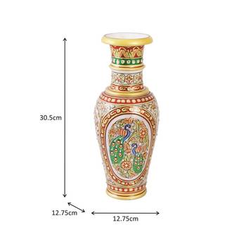 Flower Vase carved in Marble with Peacocks Painted by Handicrafts Paradise 3