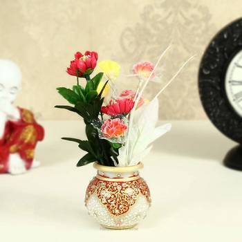Marble Round Flower Vase painted in Red Kuppi work by Handicrafts Paradise 1