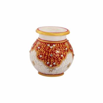 Marble Round Flower Vase painted in Red Kuppi work by Handicrafts Paradise 2