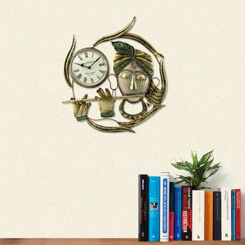 Elegant Decorative Handmade Wall Clock Krishna Playing Flute Wall decor Showpiece in Wrought Iron - 19 inch 1