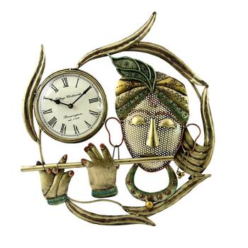 Elegant Decorative Handmade Wall Clock Krishna Playing Flute Wall decor Showpiece in Wrought Iron - 19 inch 2