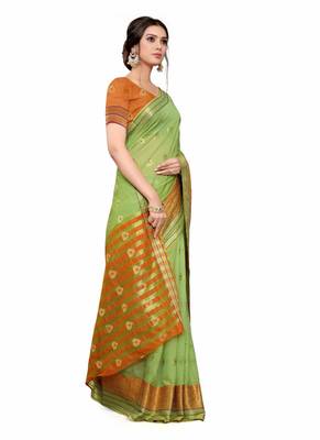 Green Woven Cotton Silk Saree With Blouse 3