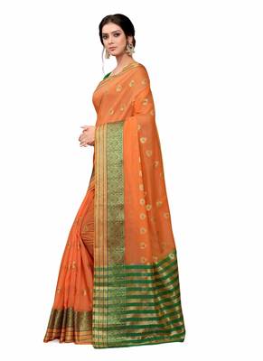Orange Woven Cotton Silk Saree With Blouse 2