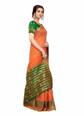 Orange Woven Cotton Silk Saree With Blouse 3