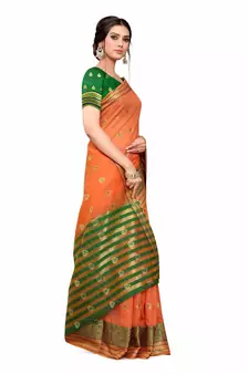 Orange Woven Cotton Silk Saree With Blouse