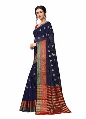Dark Blue Woven Cotton Silk Saree With Blouse 2