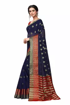 Dark Blue Woven Cotton Silk Saree With Blouse