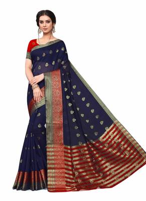 Dark Blue Woven Cotton Silk Saree With Blouse 3