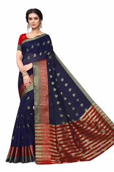 Dark Blue Woven Cotton Silk Saree With Blouse