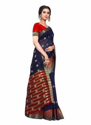 Dark Blue Woven Cotton Silk Saree With Blouse 4