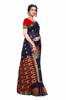 Dark Blue Woven Cotton Silk Saree With Blouse