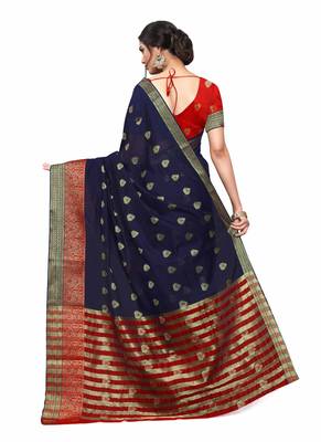 Dark Blue Woven Cotton Silk Saree With Blouse 5