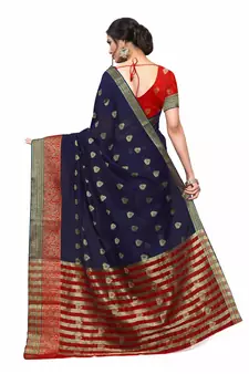 Dark Blue Woven Cotton Silk Saree With Blouse