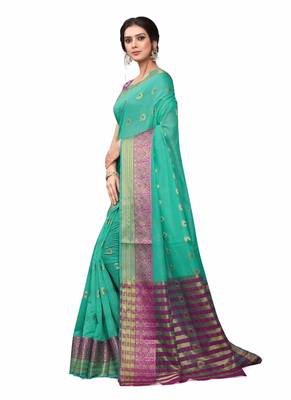 Turquoise Woven Cotton Silk Saree With Blouse 2