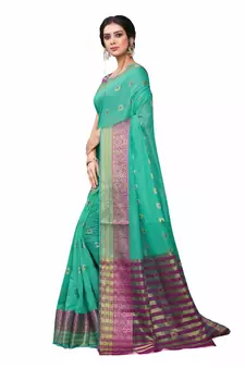 Turquoise Woven Cotton Silk Saree With Blouse