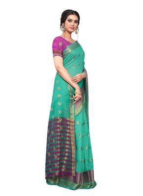 Turquoise Woven Cotton Silk Saree With Blouse 3
