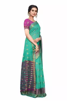 Turquoise Woven Cotton Silk Saree With Blouse