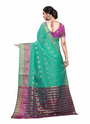 Turquoise Woven Cotton Silk Saree With Blouse 4