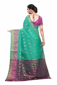 Turquoise Woven Cotton Silk Saree With Blouse