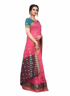 Pink Woven Cotton Silk Saree With Blouse 2