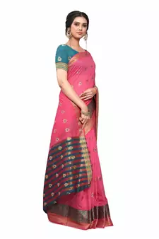 Pink Woven Cotton Silk Saree With Blouse