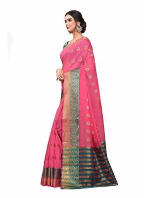 Pink Woven Cotton Silk Saree With Blouse 3