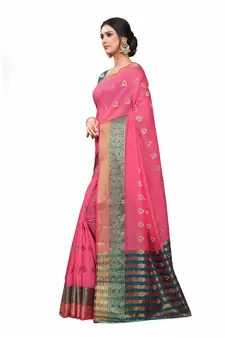 Pink Woven Cotton Silk Saree With Blouse