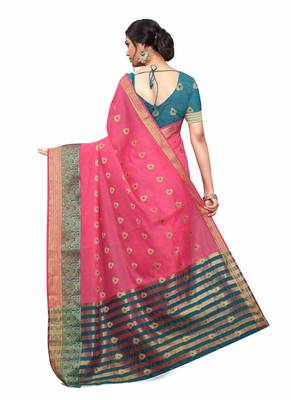 Pink Woven Cotton Silk Saree With Blouse 4